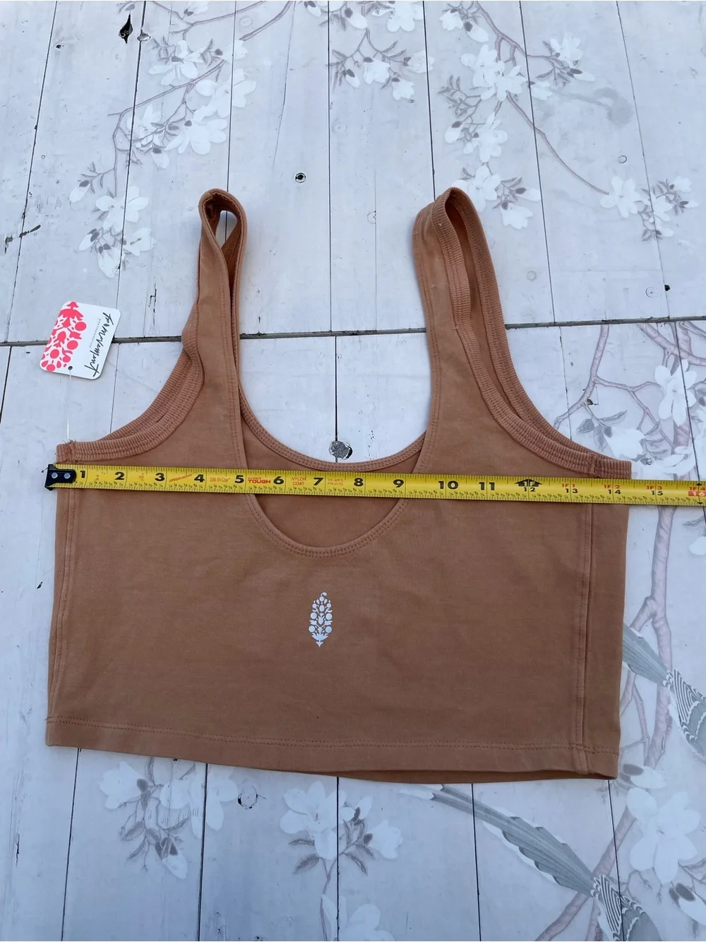 Free People Brown Ribbed Crop Tank with White Floral Detail